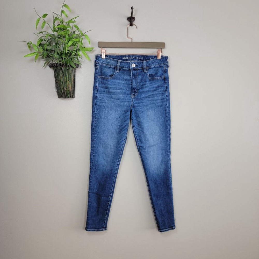 American Eagle Skinny Jeans Hi Rise Jeggings Dark Blue Wash Stretch Denim AE 12